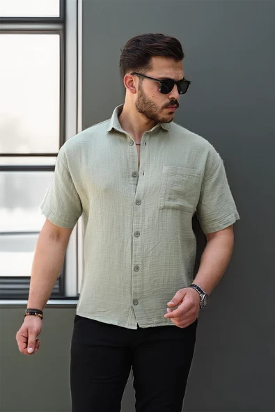 Müslin Kumaş Tek Cepli Gömlek- Açık Haki