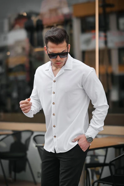 Fitilli Bowling Yaka Uzun Kollu Gömlek - Beyaz - 2