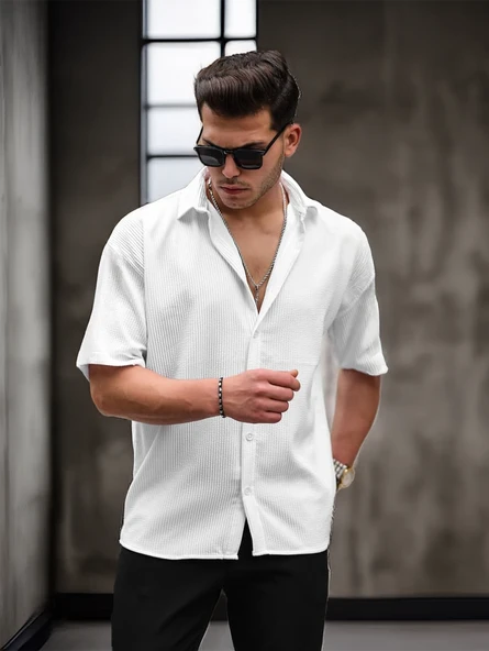 Oversize Rahat Fitilli Kısa Kol Erkek Gömlek - Beyaz