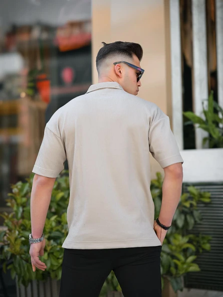 Tek Cepli Dokulu Oversize Gömlek - Bej - 3