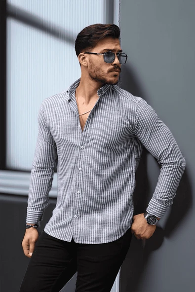 Nefes Alabilir Zarif Günlük Carina Çizgili Pamuklu Erkek Gömlek - Lacivert - Resim 4