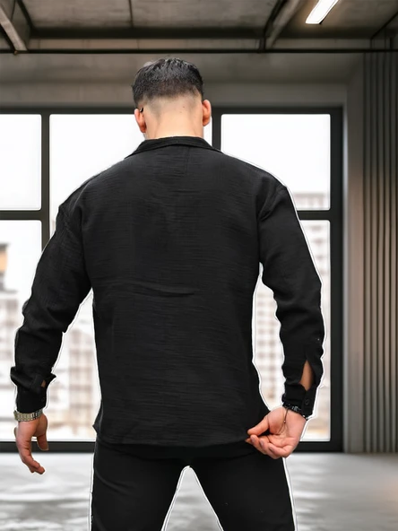 Apaş Yaka Oversize Müslin Kumaş Gömlek - Siyah - 4