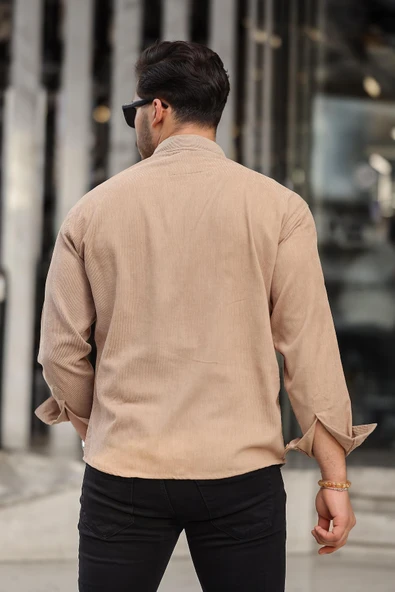 Cep Detaylı Fitilli Kadife Gömlek - Açık Bej - 5