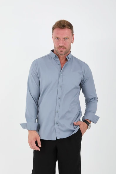 Likralı Regular Fit Nefes Alabilir Klasik Erkek Oxford Gömlek - Füme - 6