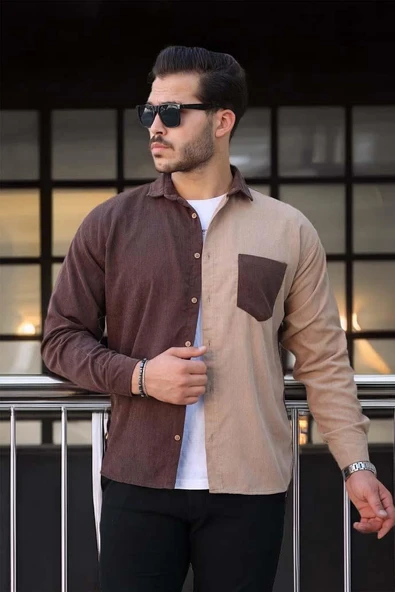 Kontrast Çift Renk Fitilli Kadife Gömlek - Kahve - 3
