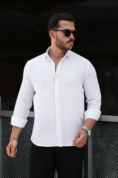 Nefes Alabilir Yarım Oversize Müslin Kumaş Uzun Kol Yakalı Erkek Gömlek - Beyaz - 3