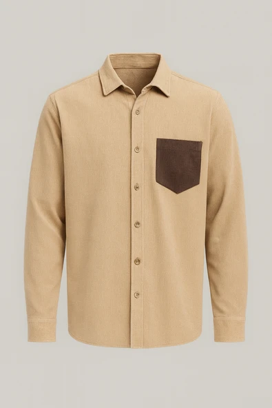 Cep Detaylı Fitilli Kadife Gömlek - Açık Bej