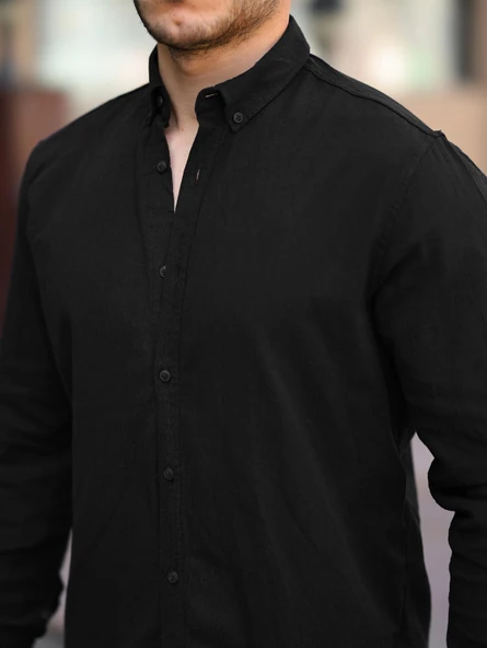 Krinkıl Pamuklu Keten Gömlek - Siyah - Resim 2