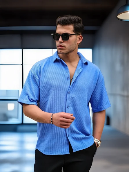 Oversize Rahat Fitilli Kısa Kol Erkek Gömlek- Mavi - 2