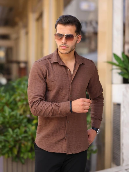 Çubuk Desen Kapitone Desenli Gömlek/Ceket - Kahve - Resim 2