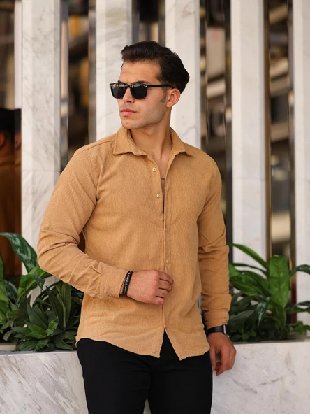 Desenli Düz Kadife Gömlek - Bej - 2