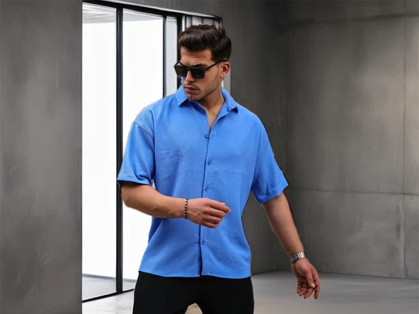 Oversize Rahat Fitilli Kısa Kol Erkek Gömlek- Mavi - 5