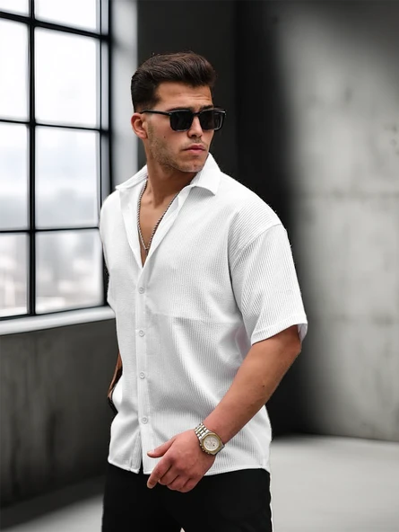 Oversize Rahat Fitilli Kısa Kol Erkek Gömlek - Beyaz - 3