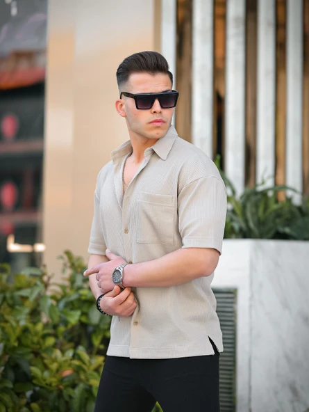 Tek Cepli Dokulu Oversize Gömlek - Bej - 4