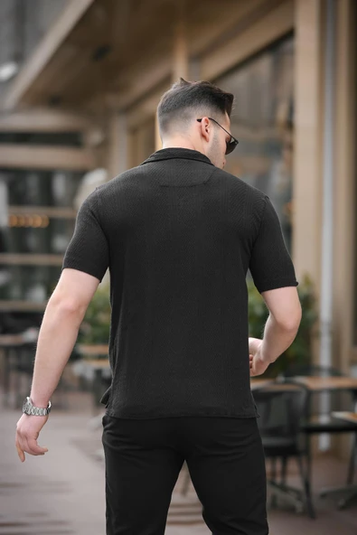 Premium Desenli Kısa Kol Gömlek - Siyah - Resim 4