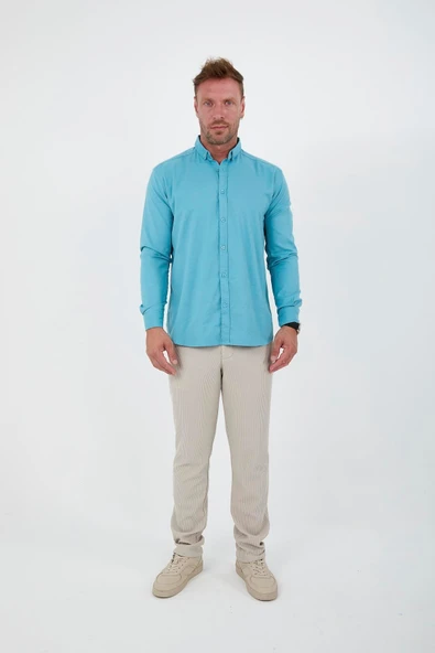 Likralı Regular Fit Nefes Alabilir Klasik Erkek Oxford Gömlek - Cam Göbeği - 4