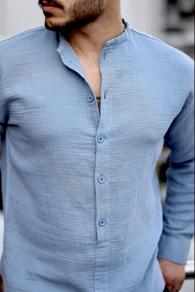 Hafif ve Nefes Alabilir Erkek Müslin Yarım Pat Hakim Yaka Oversize Gömlek- Soğuk Mavi - 2