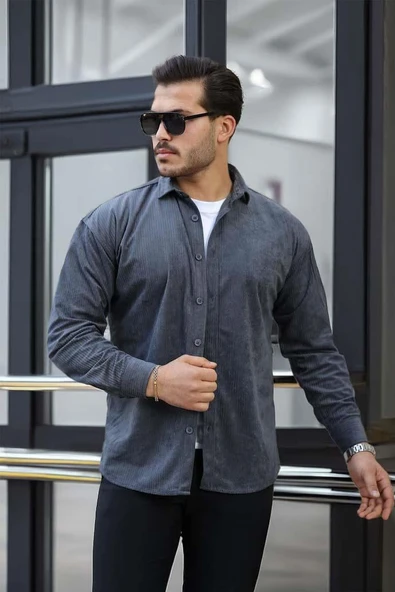 Fitilli Erkek Kadife Gömlek - Füme - 2