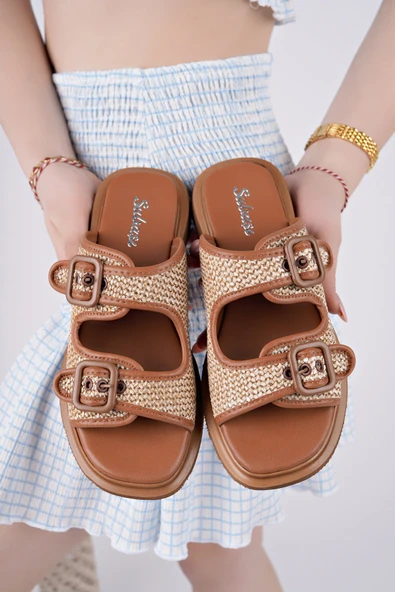 Muggo SARLE Çift Bantlı Ayarlanabilir Kemerli Kadın Günlük Hasır Terlik - 12