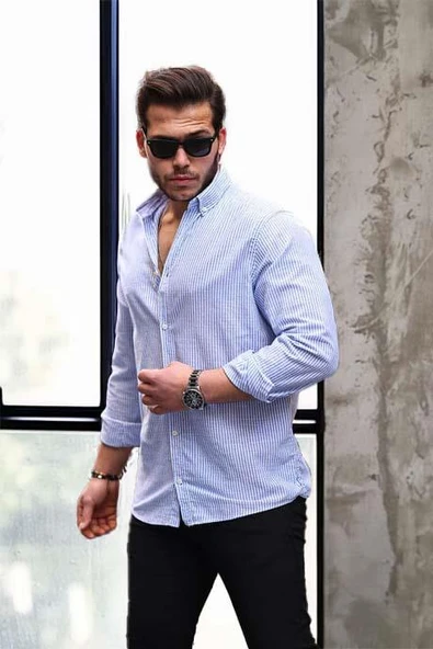 Dik Şerit Çizgili Flamlı Pamuk Gömlek - Mavi - 3