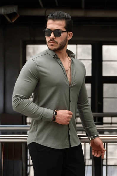 Likralı Regular Fit Nefes Alabilir Klasik Erkek Oxford Gömlek - Haki - Resim 3