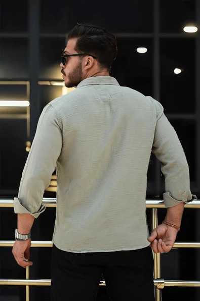 Nefes Alabilir Yarım Oversize Müslin Kumaş Uzun Kol Yakalı Erkek Gömlek - Açık Haki - 5