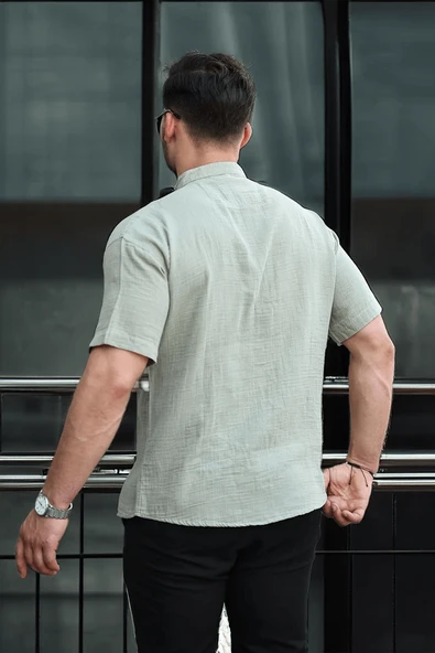 Hakim Yaka Müslin Kumaş Kısa Kol Gömlek - Açık Haki - 5