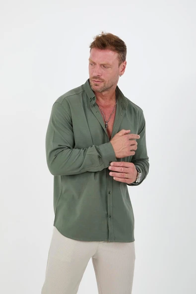 Likralı Regular Fit Nefes Alabilir Klasik Erkek Oxford Gömlek - Haki - Resim 7