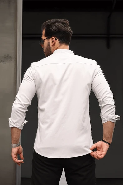 Hakim Yaka Oxford Kumaş Uzun Kol Gömlek - Taş - Resim 4