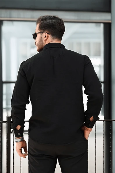 Nefes Alabilir Yarım Oversize Müslin Kumaş Uzun Kol Yakalı Erkek Gömlek - Siyah - 4