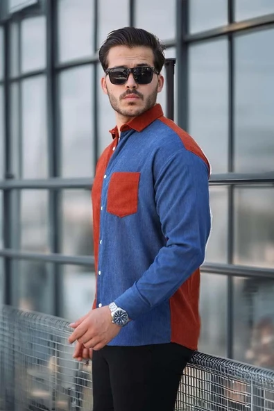 Kontrast Çift Renk Fitilli Kadife Gömlek - Açık Kiremit - Resim 2