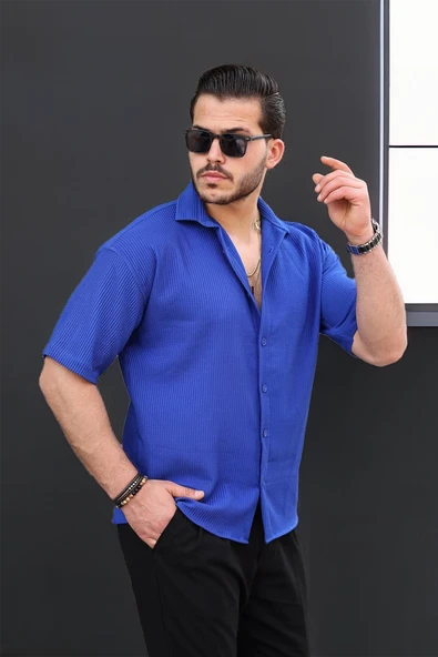 Oversize Fitilli Kısa Kol Gömlek - Parlement Mavi