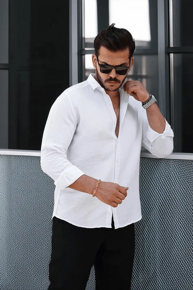 Nefes Alabilir Yarım Oversize Müslin Kumaş Uzun Kol Yakalı Erkek Gömlek - Beyaz