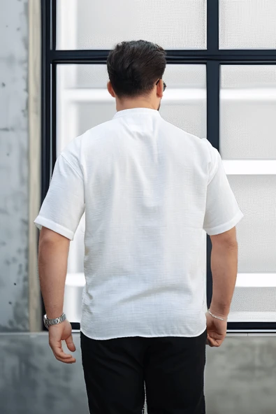Oversize Yarım Pat Bambu Kısa kol Gömlek - Beyaz - 6