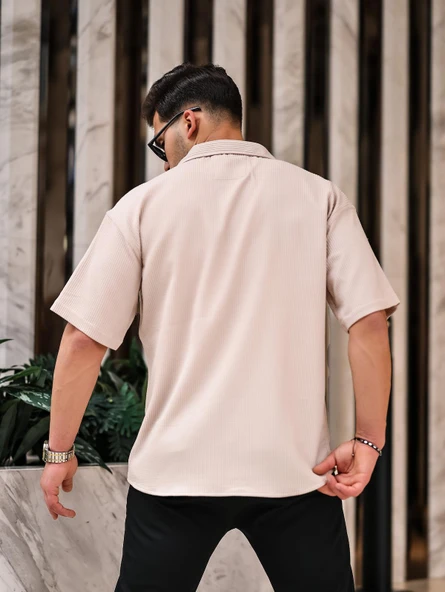Oversize Rahat Fitilli Kısa Kol Erkek Gömlek - Bej - 3