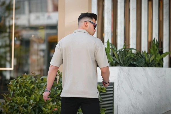 Tek Cepli Dokulu Oversize Gömlek - Bej - 5