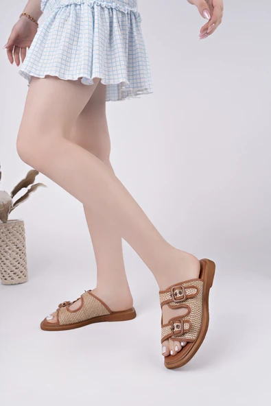 Muggo SARLE Çift Bantlı Ayarlanabilir Kemerli Kadın Günlük Hasır Terlik - 9