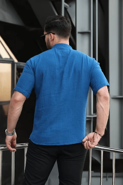 Hakim Yaka Müslin Kumaş Kısa Kol Gömlek - İndigo - Resim 5