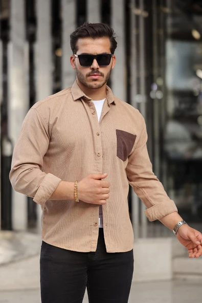 Cep Detaylı Fitilli Kadife Gömlek - Açık Bej - 3