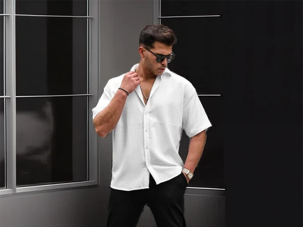 Oversize Rahat Fitilli Kısa Kol Erkek Gömlek - Beyaz - 5