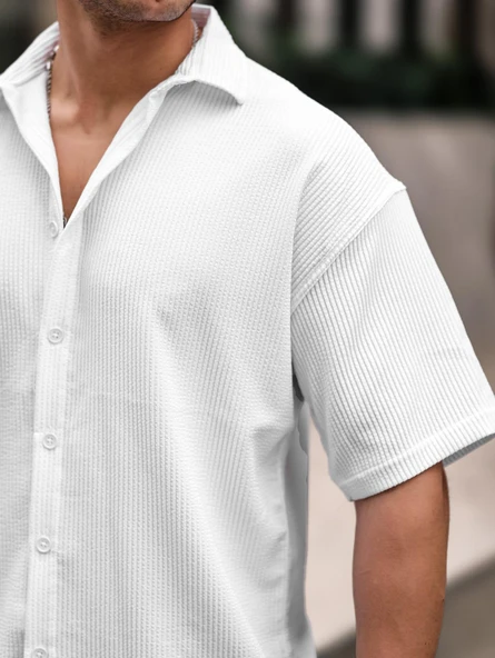 Oversize Rahat Fitilli Kısa Kol Erkek Gömlek - Beyaz - 2