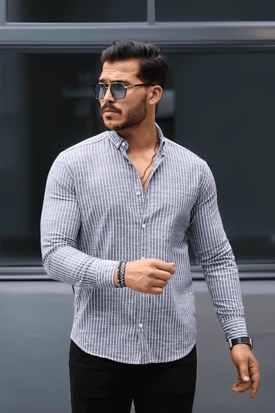 Nefes Alabilir Zarif Günlük Carina Çizgili Pamuklu Erkek Gömlek - Lacivert - Resim 5