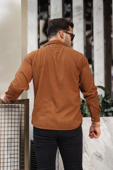 Cep Detaylı Fitilli Kadife Gömlek - Açık Kahve - Resim 6