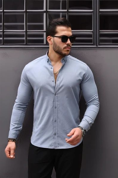 Likralı Regular Fit Nefes Alabilir Klasik Erkek Oxford Gömlek - Füme - 4