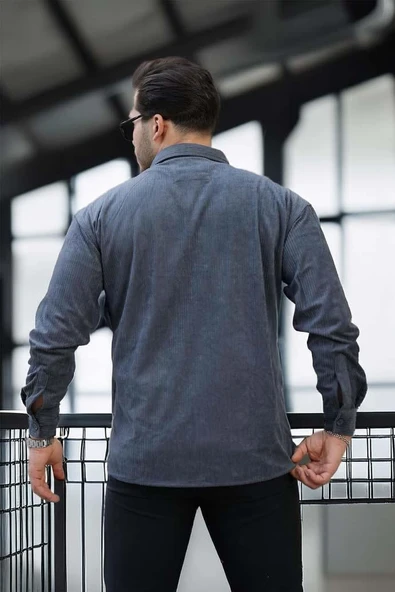 Fitilli Erkek Kadife Gömlek - Füme - 6