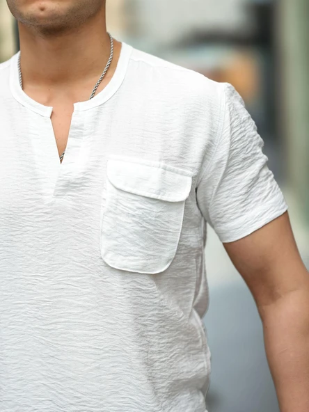 V Yaka Cep Detaylı Fit Gömlek - Beyaz - Resim 4