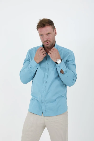 Likralı Regular Fit Nefes Alabilir Klasik Erkek Oxford Gömlek - Cam Göbeği