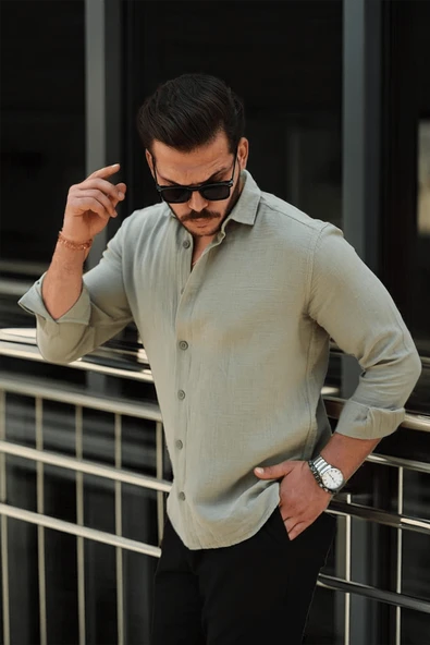 Nefes Alabilir Yarım Oversize Müslin Kumaş Uzun Kol Yakalı Erkek Gömlek - Açık Haki - 3