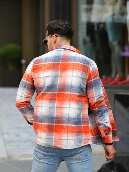 Şeritli Oduncu Fit Gömlek -  Turuncu - 4