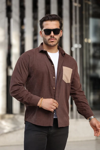 Cep Detaylı Fitilli Kadife Gömlek - Koyu Kahve - Resim 5